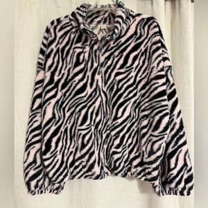 Faux Fur Zebra Teddy Jacket in Pink & Black Zip Up Fleece XXL